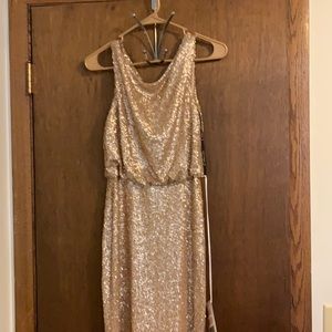 Gold sequin maxi bridesmaid dress.